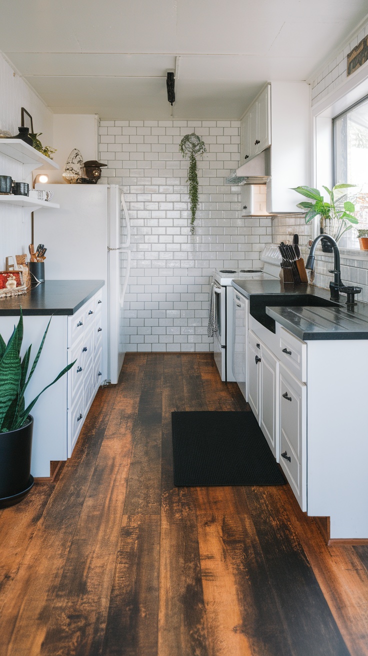 A modern kitchen featuring dark luxurious vinyl plank flooring, white cabinets, and a light backsplash.