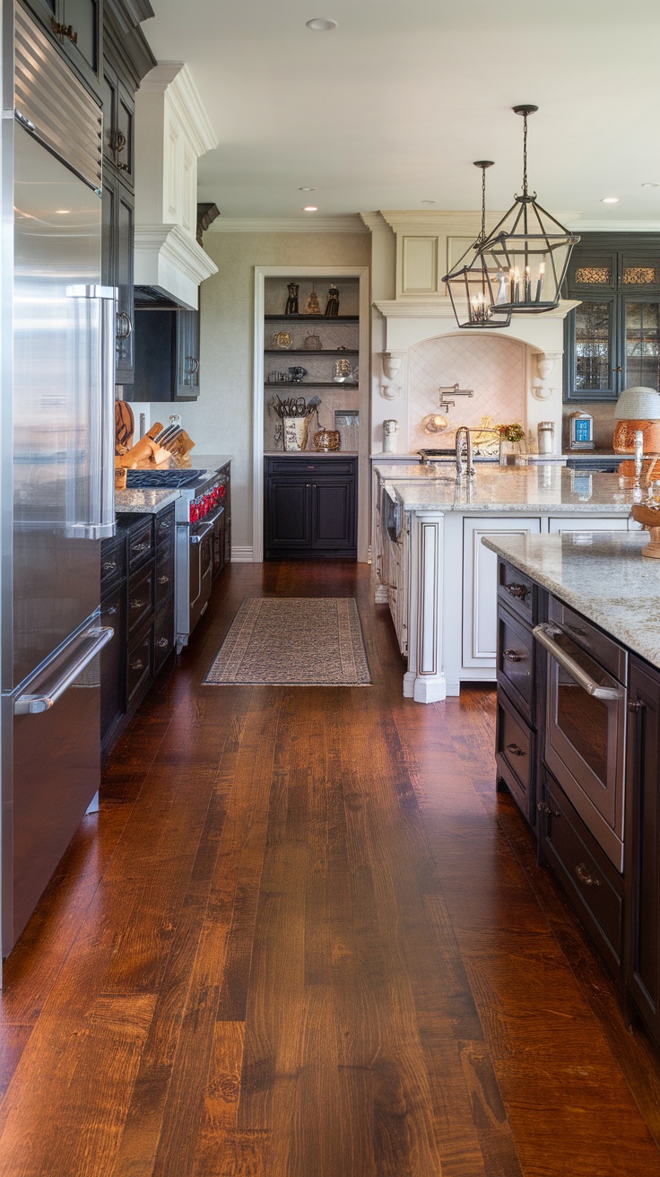 A luxurious kitchen featuring deep brown engineered wood flooring, elegant cabinetry, and stylish decor.