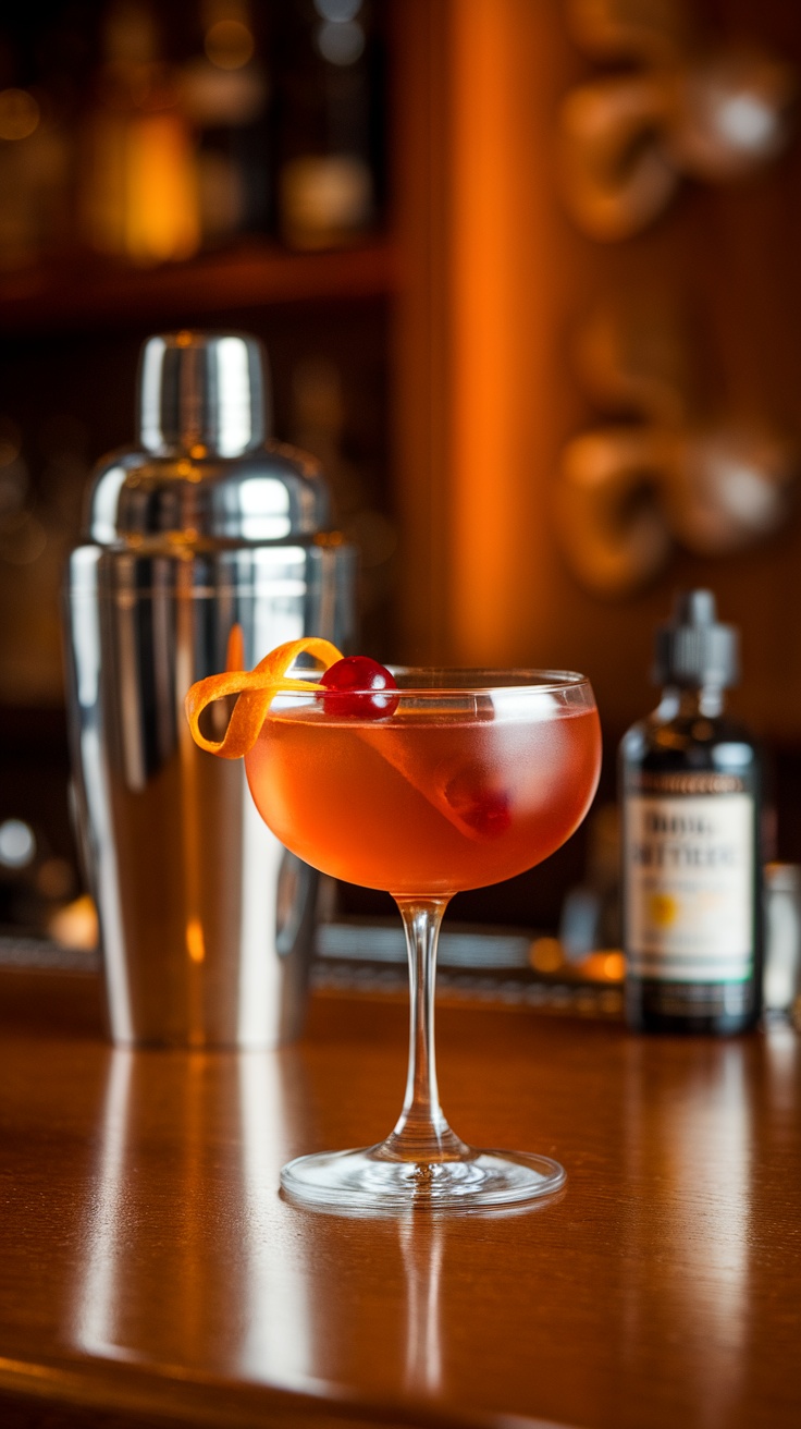 A classic Manhattan cocktail served in a stylish glass, garnished with a cherry and orange peel.