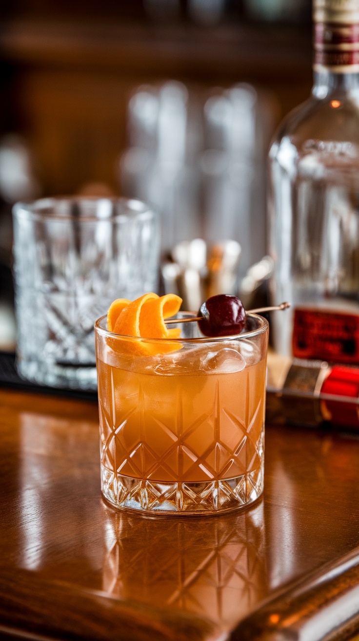 A Maple Old Fashioned cocktail garnished with orange peel and cherry.