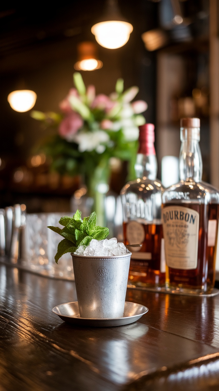 A Mint Julep cocktail in a silver cup, garnished with fresh mint.