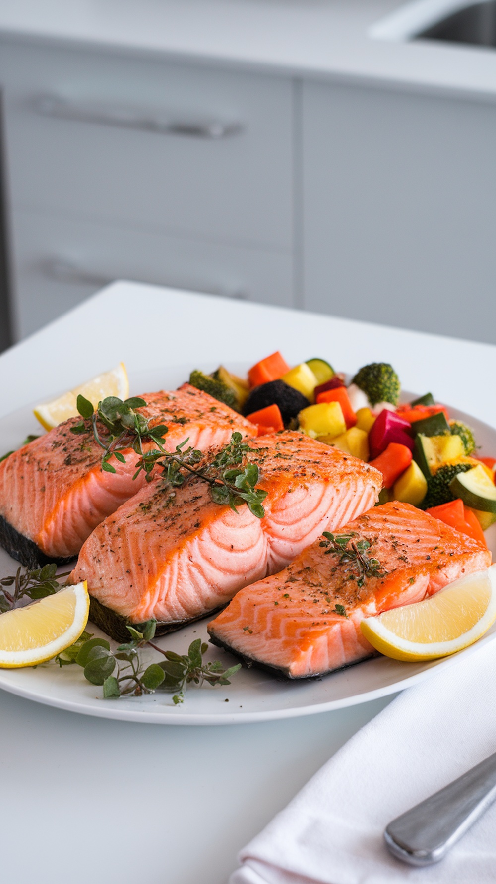 Plate of perfectly cooked salmon fillets with lemon and herbs served with colorful vegetables
