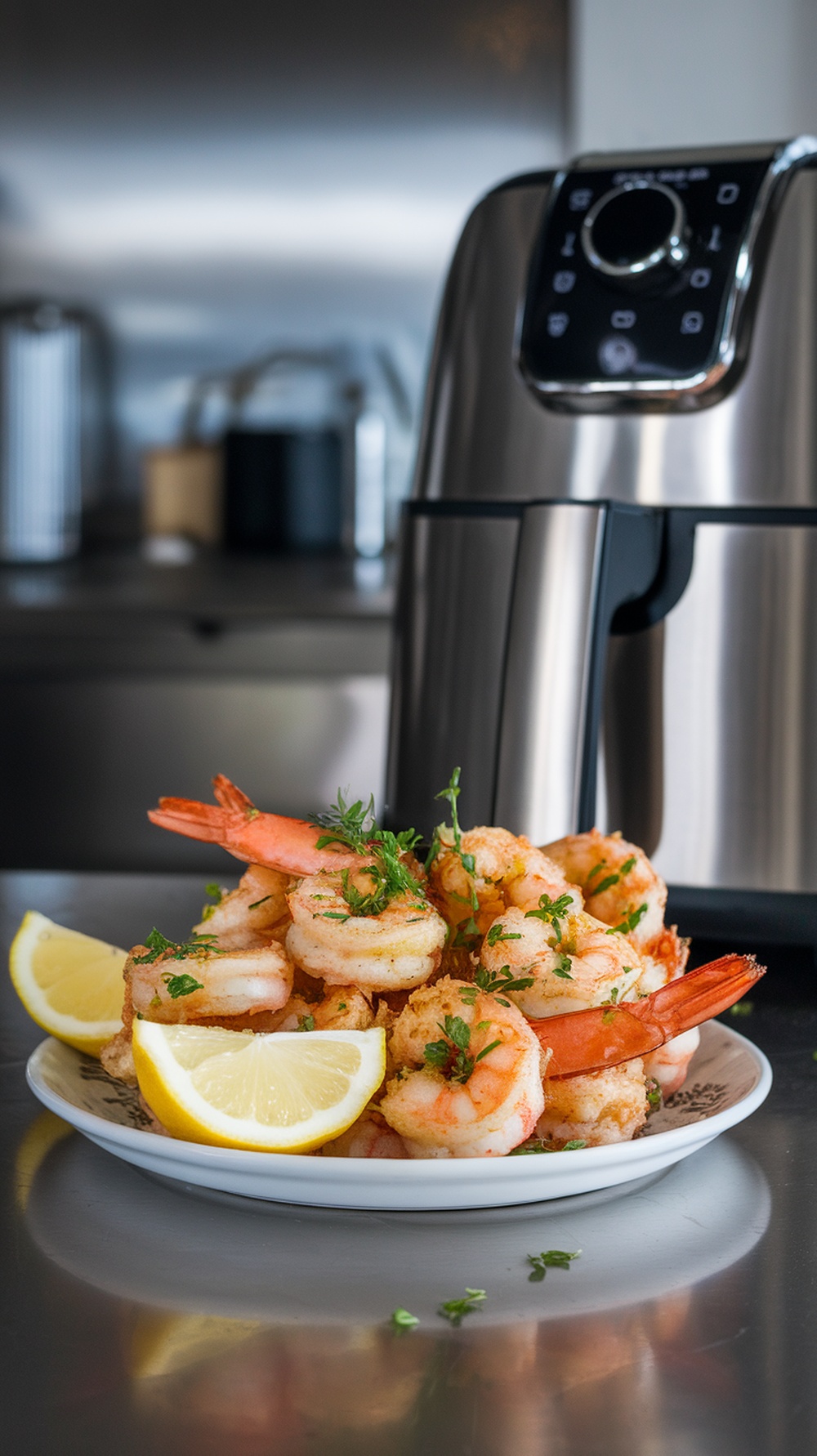 A plate of air fried shrimp garnished with parsley and lemon slices