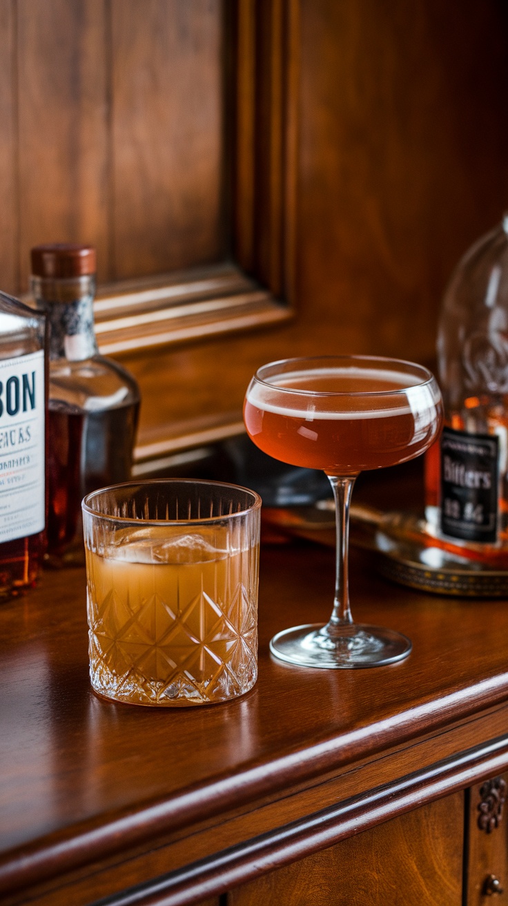 A selection of modern bourbon cocktails served in elegant glassware.