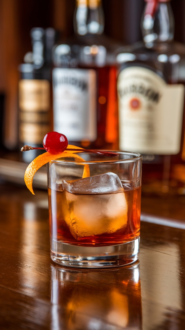 A classic Old Fashioned cocktail served in a glass with an orange twist and cherry garnish.