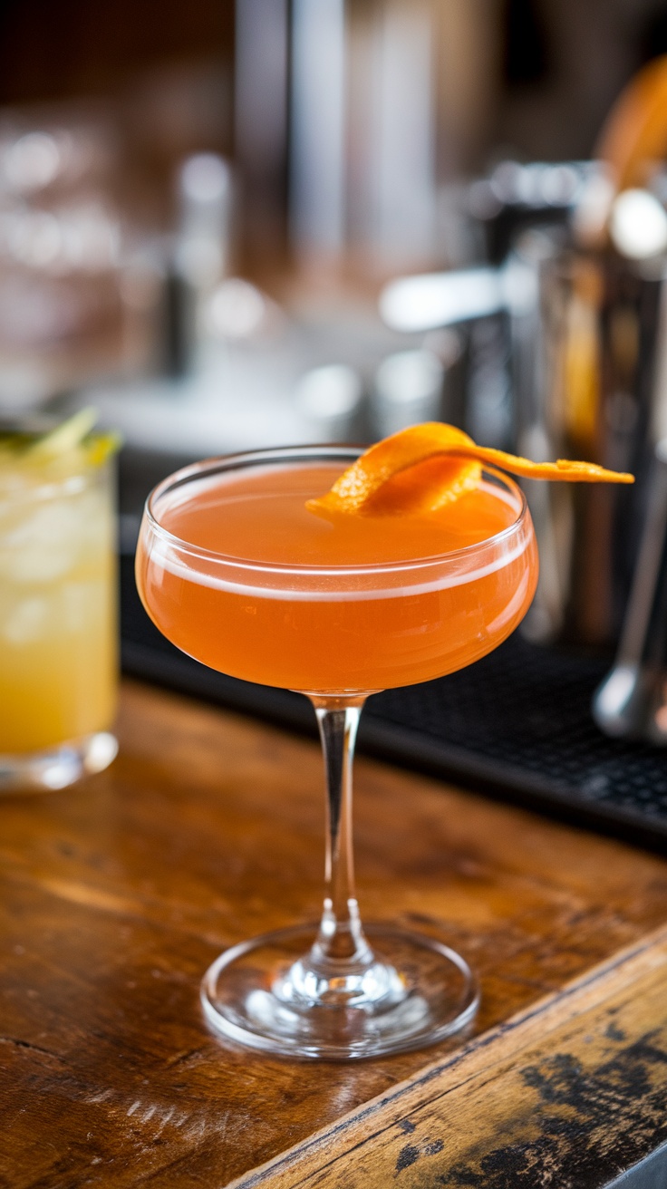 A cocktail in a coupe glass garnished with an orange peel, featuring a vibrant orange color.