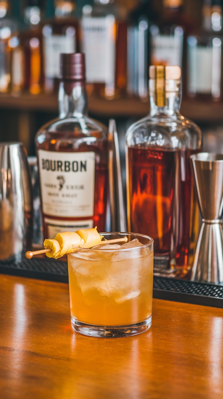 A glass of Penicillin cocktail garnished with ginger, with bourbon bottles in the background.