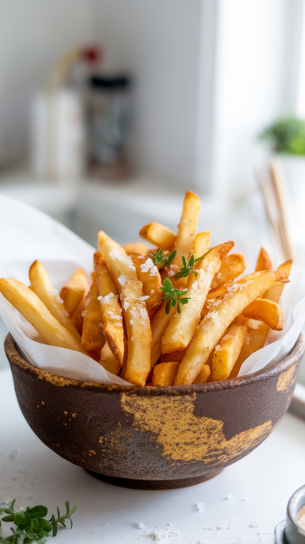 A bowl of crispy golden French fries garnished with salt and herbs.