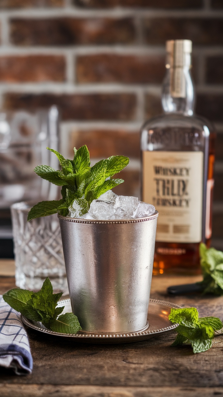 A refreshing Mint Julep cocktail served in a silver cup with fresh mint leaves on top.