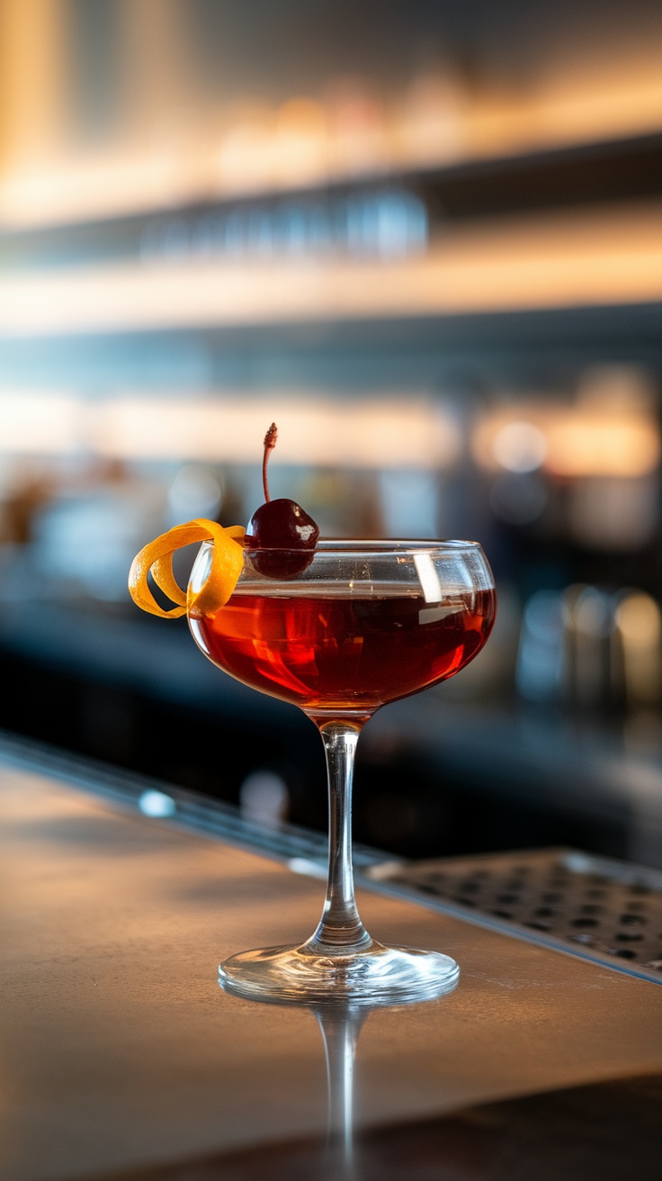 A Rich Manhattan cocktail garnished with an orange twist and cherry