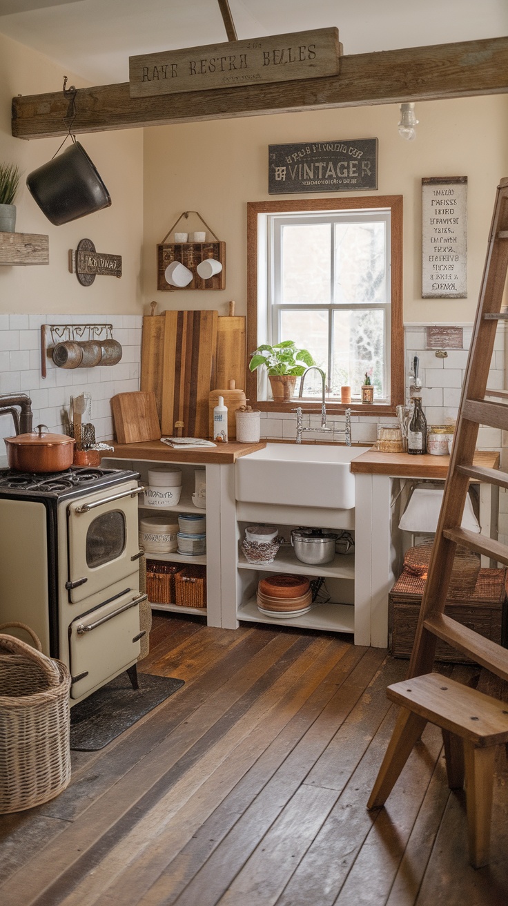 A rustic kitchen featuring reclaimed wood flooring, vintage decor, and classic appliances