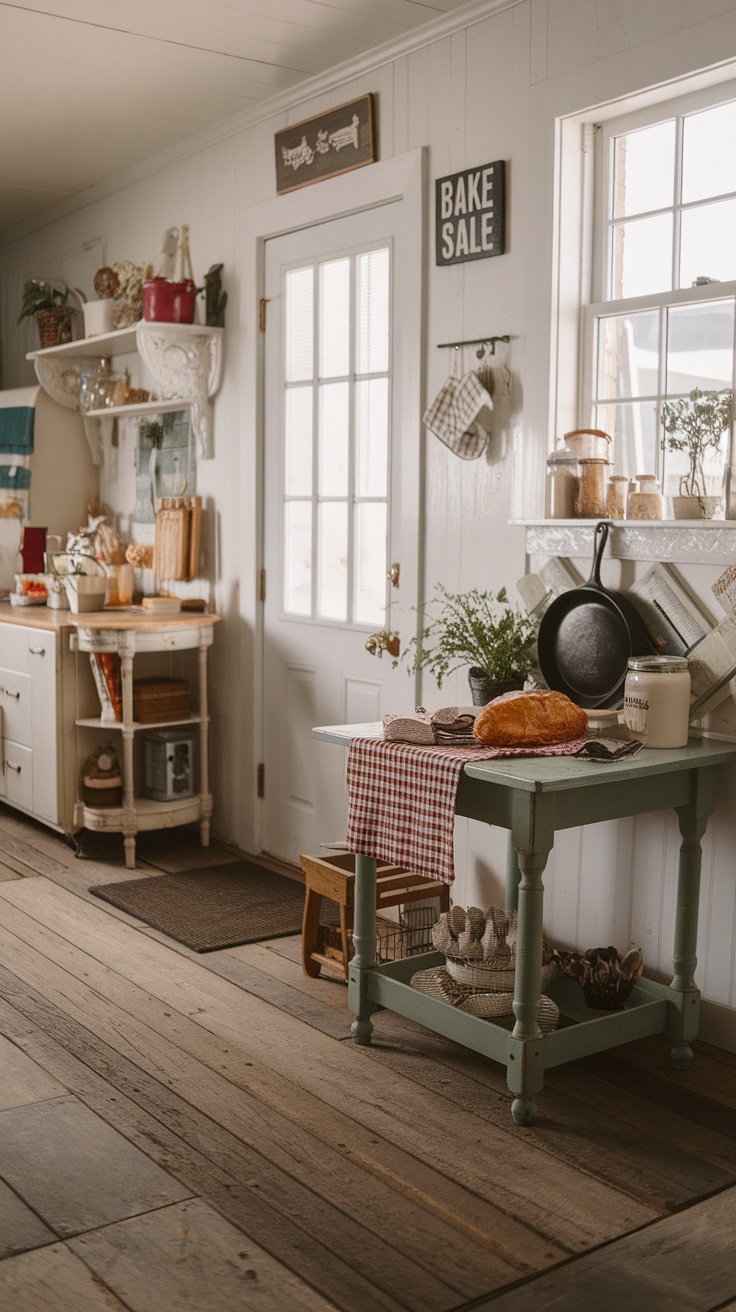 Cozy kitchen featuring reclaimed wood flooring and charming decor.