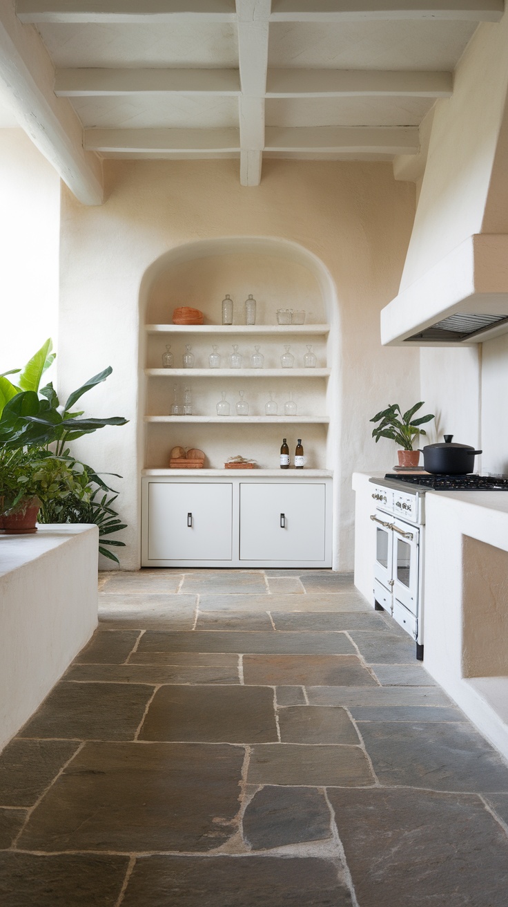 A modern kitchen showcasing sleek stone slab flooring with a minimalist design.