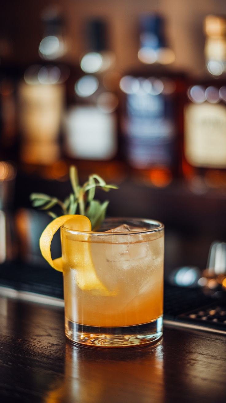 A smoky whiskey cocktail garnished with a lemon twist, served in a rocks glass.