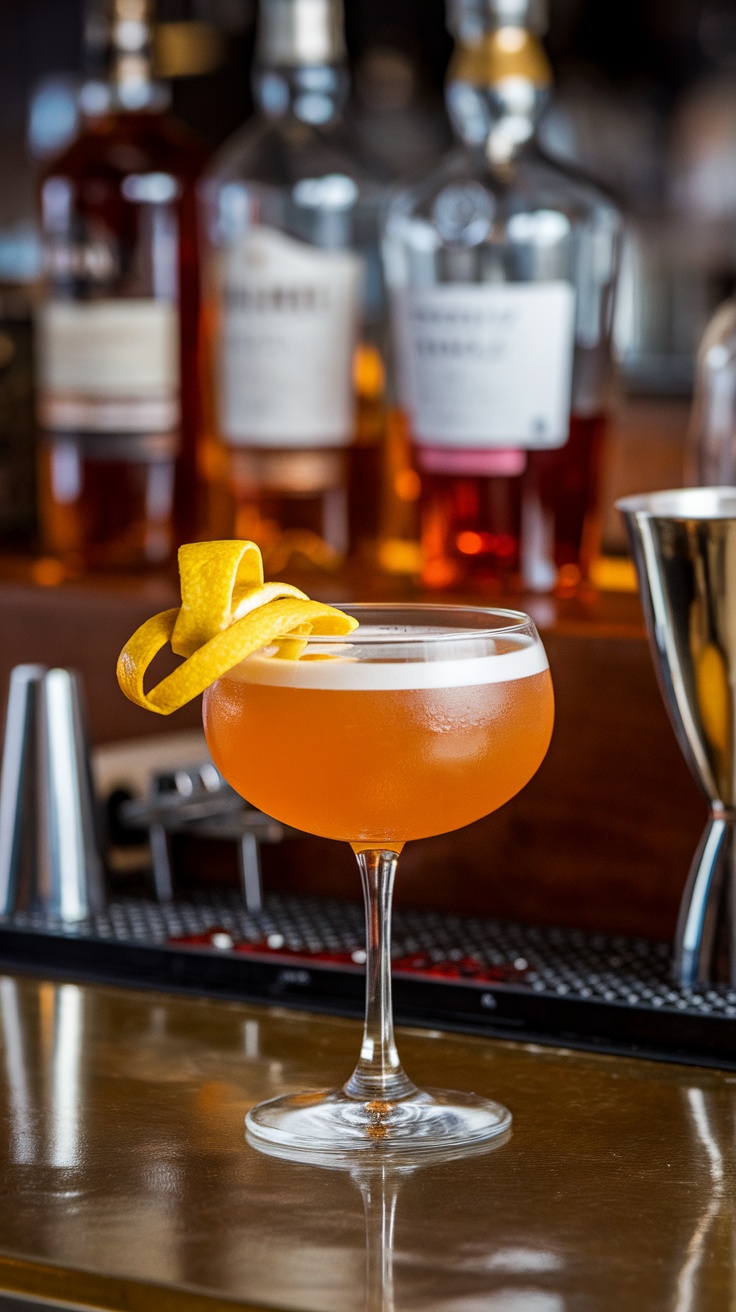A cocktail glass filled with a spicy New York sour, topped with a red wine float and garnished with a lemon twist.
