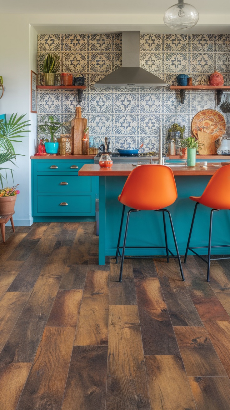 A vibrant kitchen featuring stylish vinyl plank flooring that resembles wood, turquoise cabinets, and decorative tiles on the wall.