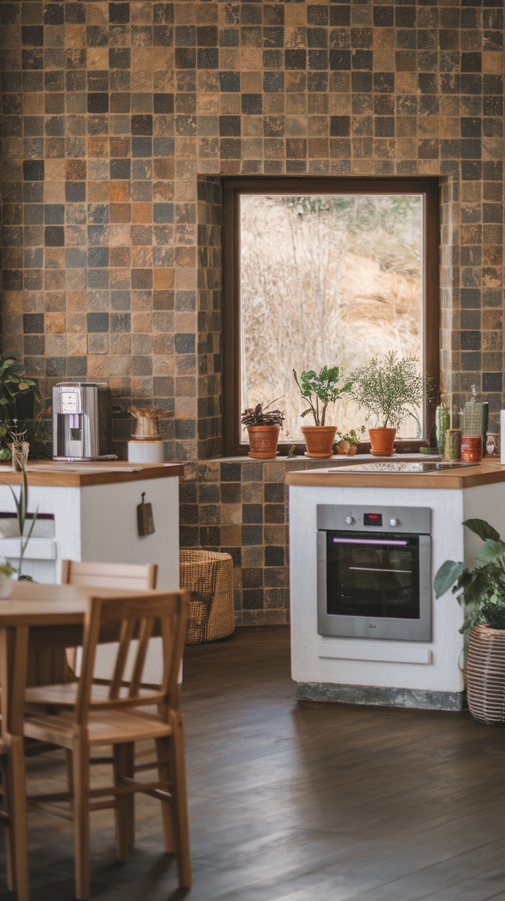 A kitchen featuring textured natural stone tiles on the walls, wooden accents, and plants on the windowsill.