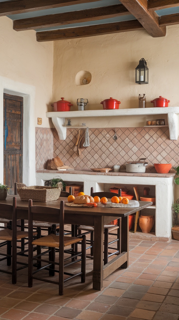 Cozy kitchen with textured terracotta tiles and rustic decor