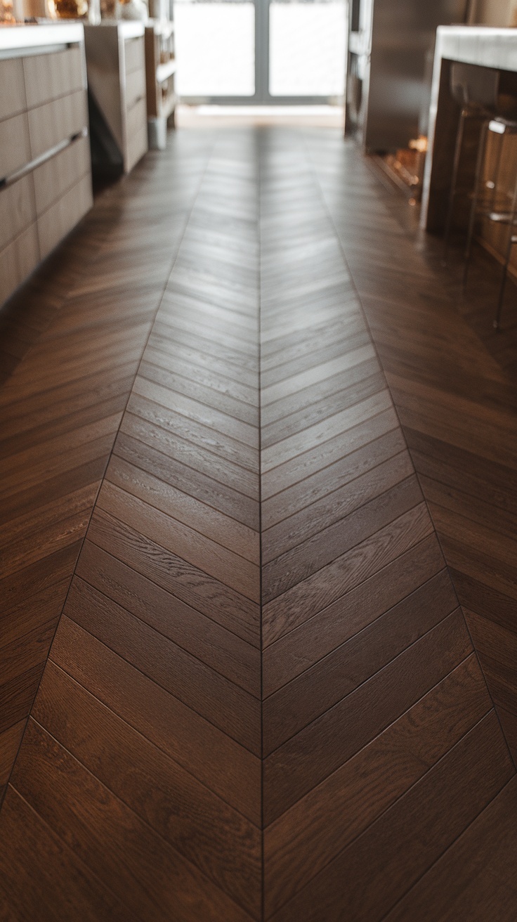 Herringbone hardwood flooring in a modern kitchen setting