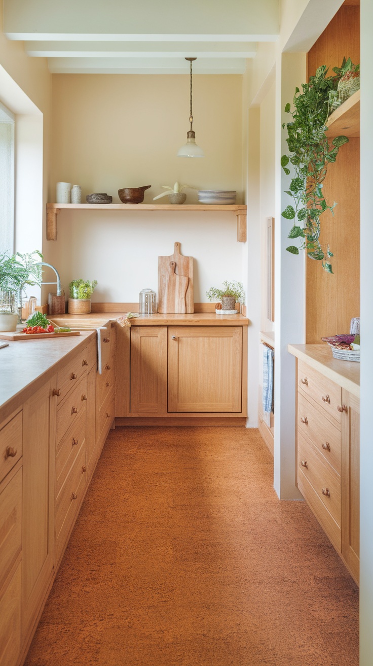 A warm cork floor in a bright kitchen with wooden cabinets and natural decor