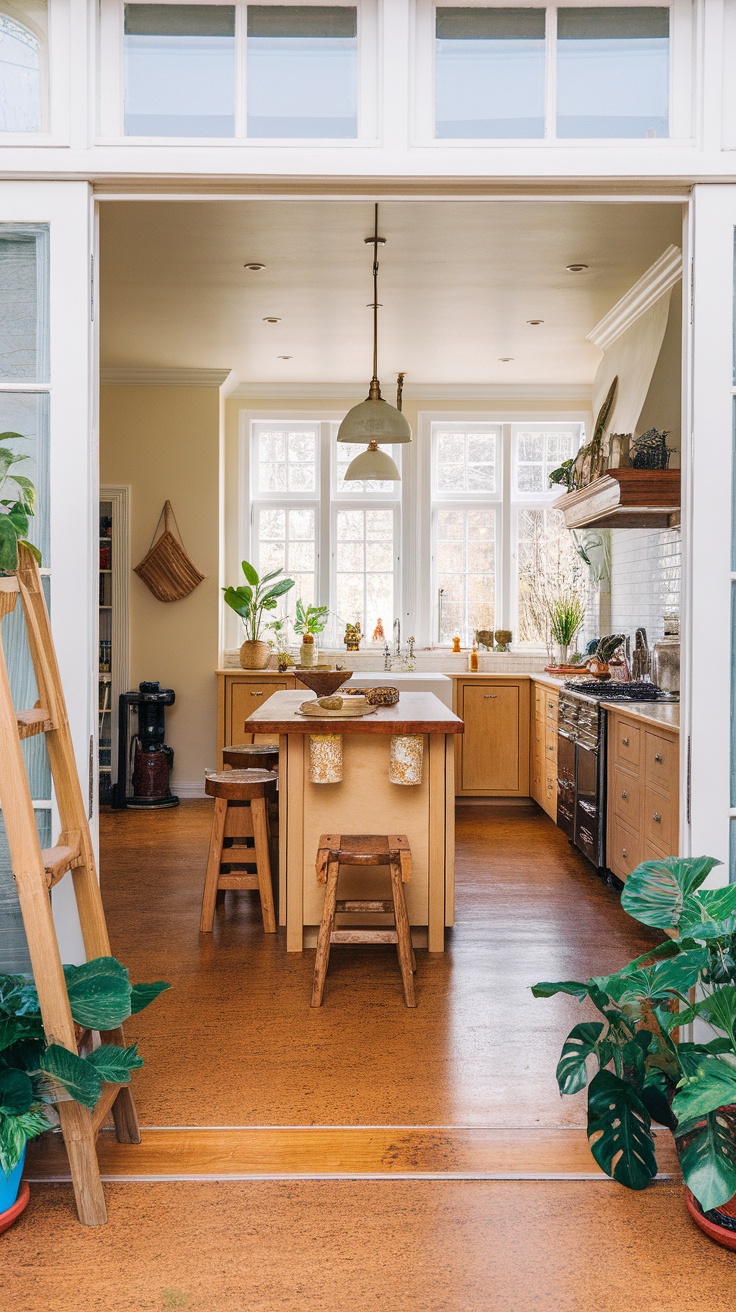 A bright kitchen featuring warm cork flooring, wooden cabinetry, and large windows.