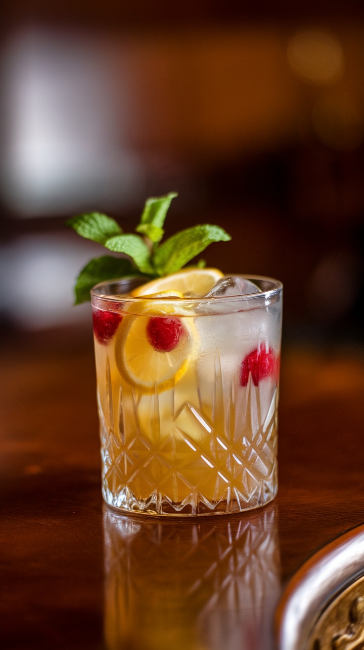 A refreshing Zesty Whiskey Smash cocktail with seasonal fruits and mint