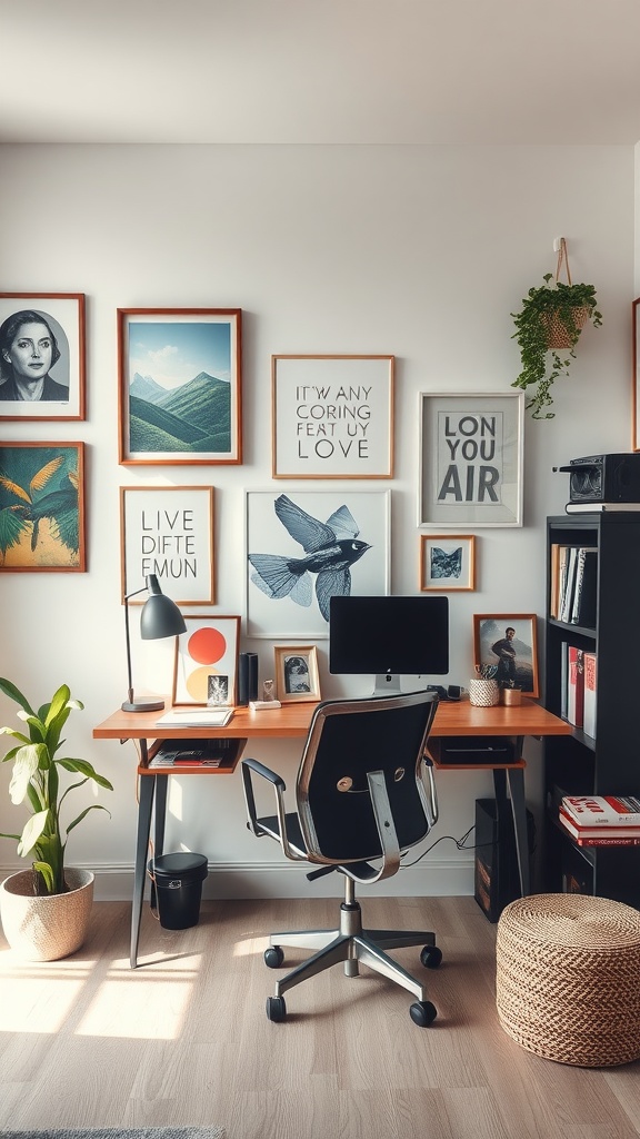 A cozy small office interior featuring framed artwork, a modern desk, a plant, and a comfortable chair.