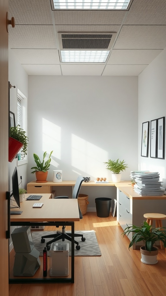 A small office interior featuring natural light, plants, and organized workspace.