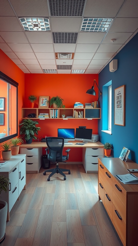 Small office interior with orange and blue walls, plants, and a desk setup