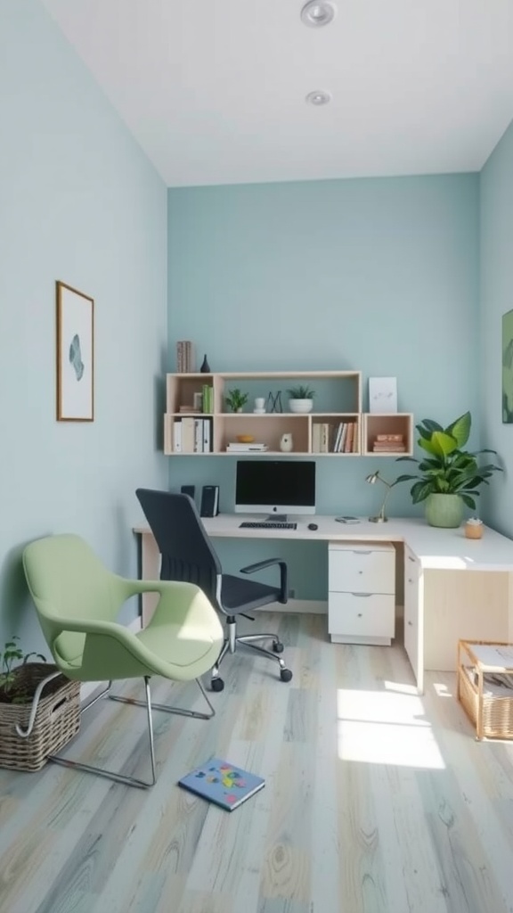 A small office interior featuring light blue walls, a green chair, and a desk with a computer, creating a calm and focused workspace.