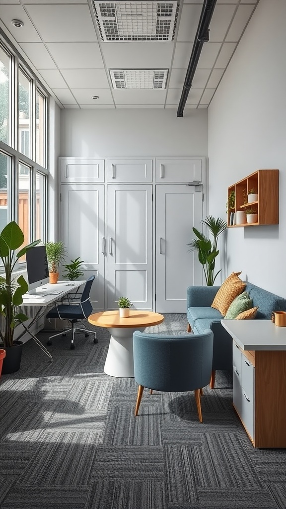 A small office break area with a blue couch, round wooden coffee table, and plants, featuring large windows for natural light.