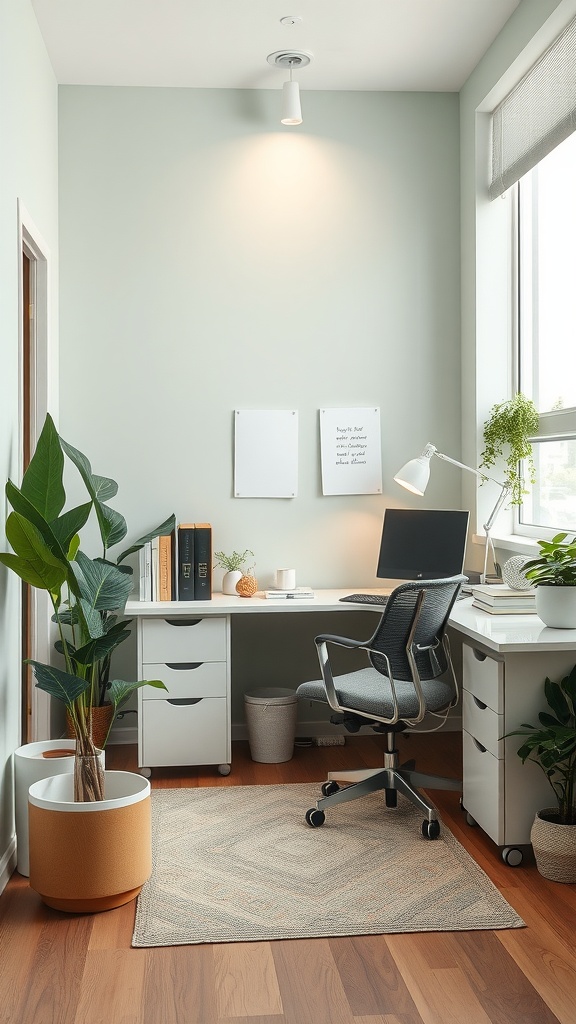 A small office with light green walls, a desk, a comfortable chair, plants, and natural light.