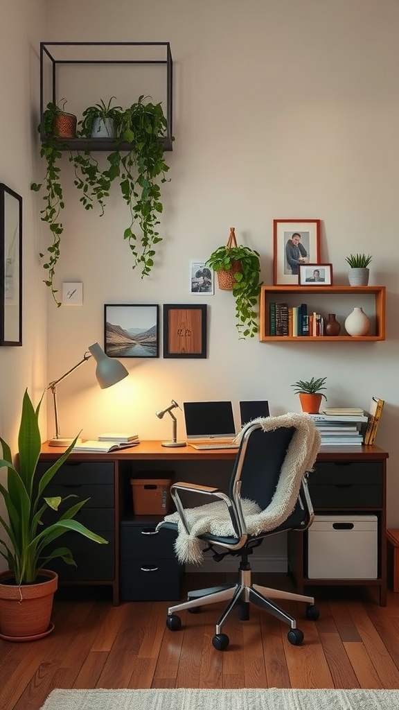 A cozy home office with plants, warm lighting, and personal decor.