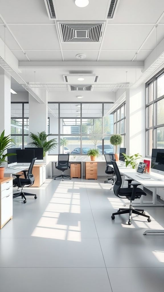 Bright and airy small office interior with ergonomic furniture and plants