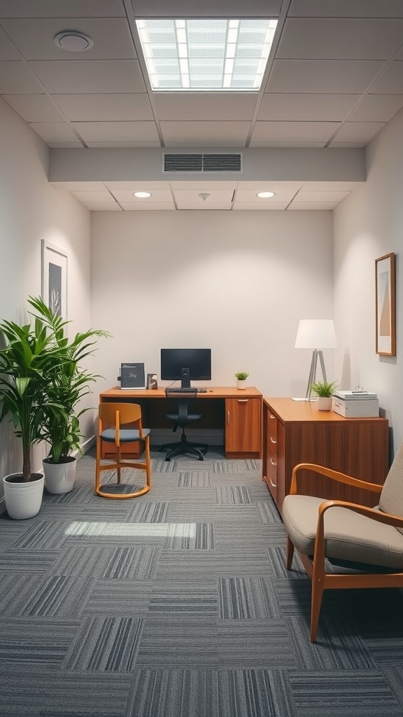 A small office interior featuring a desk, chair, filing cabinet, and plants, designed for a professional setting.