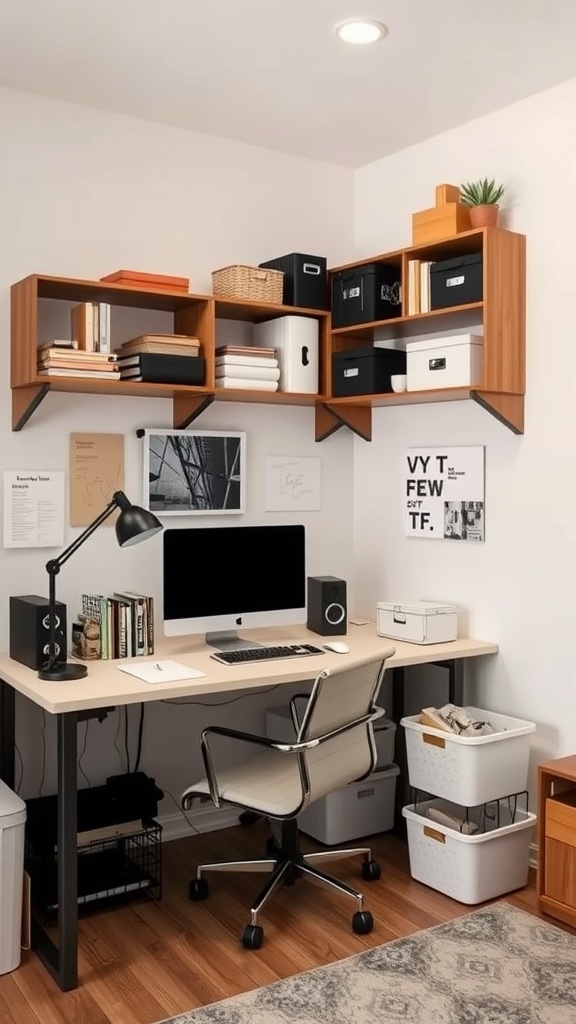 A small office interior with a desk, computer, and creative storage solutions including wall-mounted shelves and stylish bins.