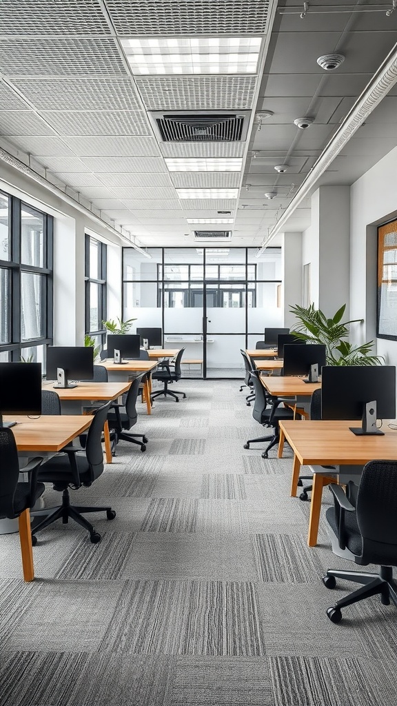 Interior view of a small office with desks, computers, and natural light