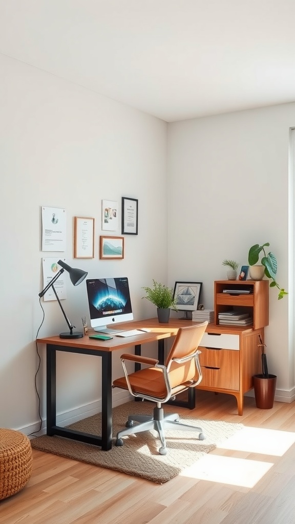 A small office interior featuring a desk with a computer, a rolling chair, and storage units, adorned with plants and wall art.