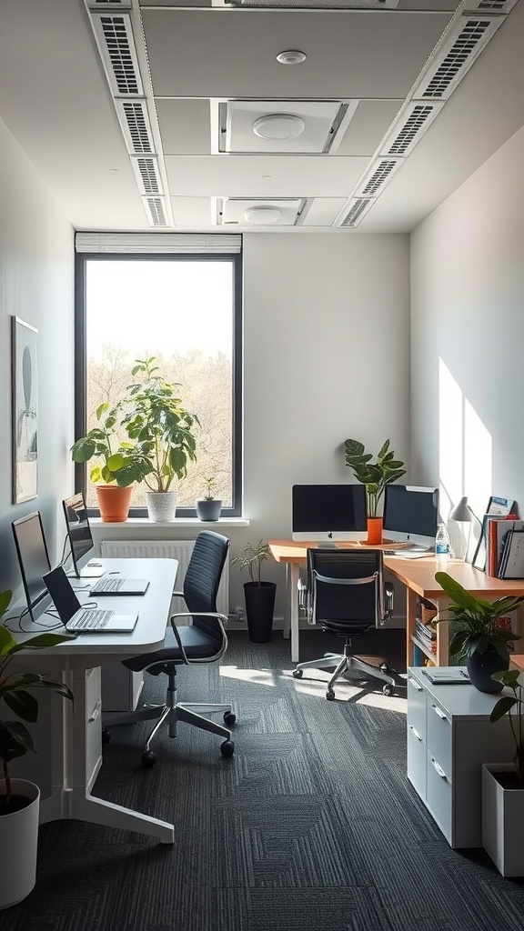 A small office interior design featuring large windows, plants, and modern furniture