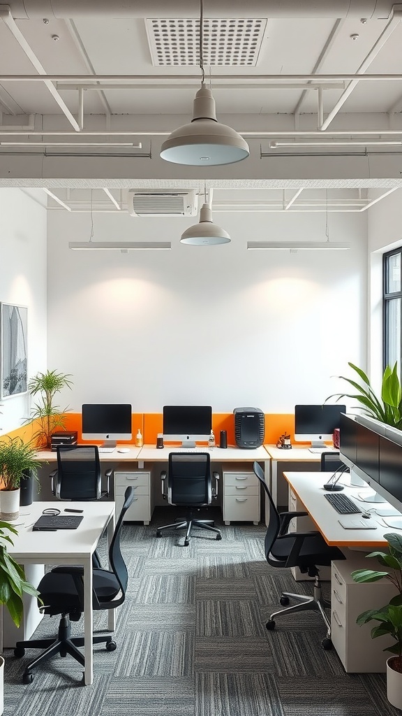 A small office interior featuring flexible workstations, modern computers, and greenery.