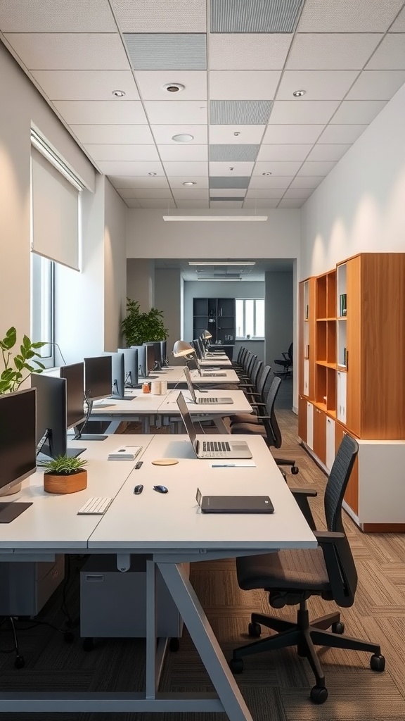 An interior view of a small office featuring flexible workstations with computers and organized desks.