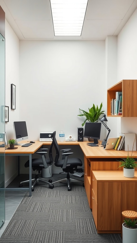 Small office interior with two desks, ergonomic chairs, and potted plants.