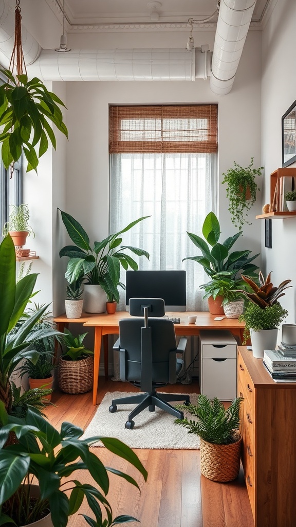 A small office interior featuring a desk, computer, and numerous indoor plants.