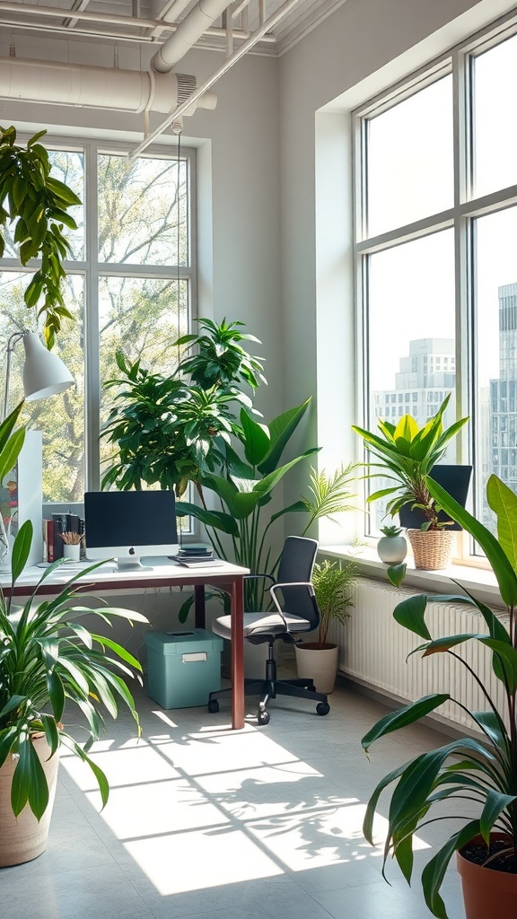 Bright small office interior filled with natural light and plants