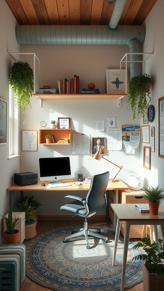 A small office interior with a desk, computer, plants, and personal touches.