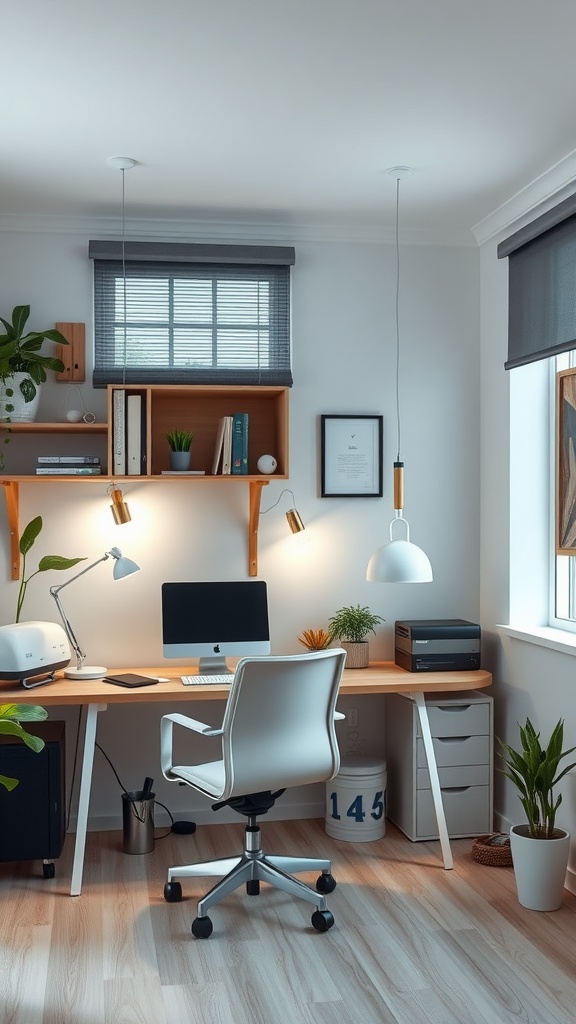 A modern small office interior with a desk, ergonomic chair, computer, and plants.