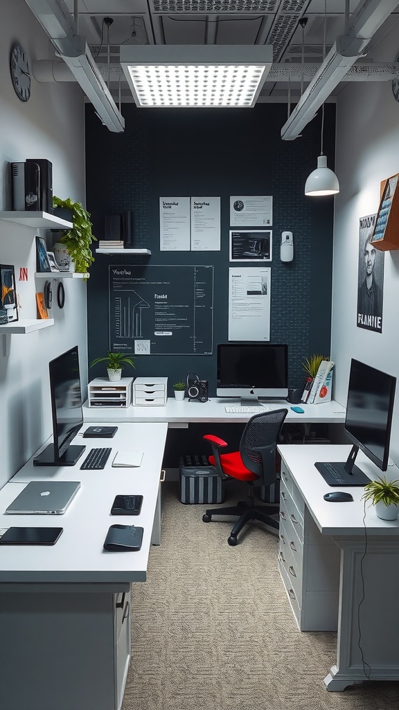 A small office interior with modern technology, including computers and devices, bright lighting, and plants.