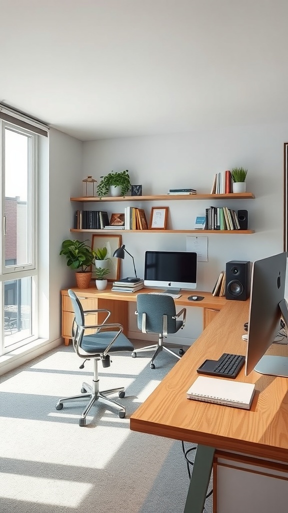 A modern small office interior featuring a wooden desk with a computer, stylish chairs, and shelves adorned with plants and books.