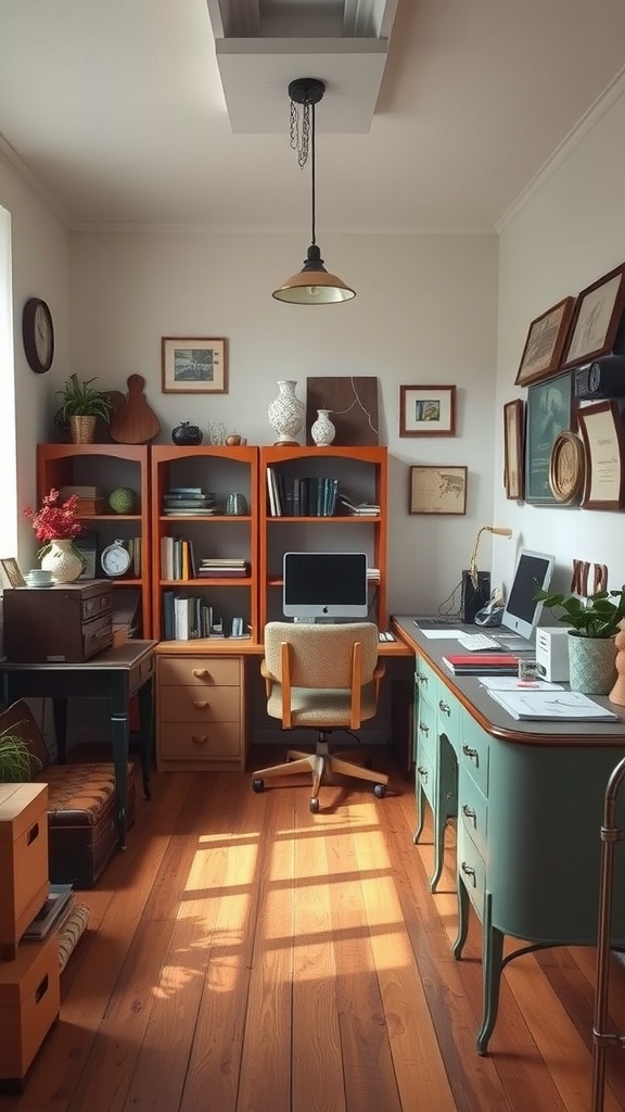 Small office interior featuring vintage decor with wooden floors, colorful furniture, and decorative items on shelves.