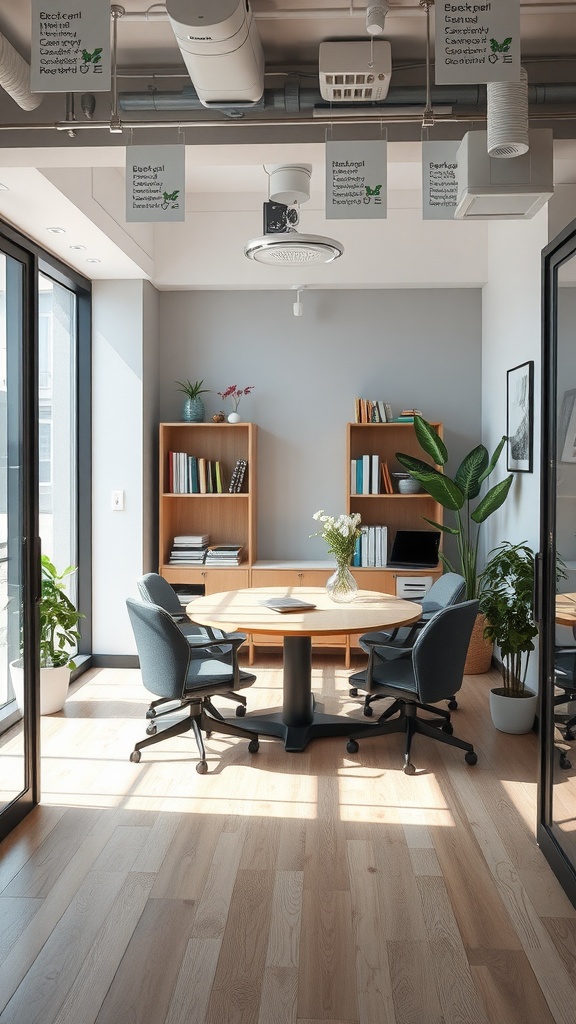 A small meeting room with a round wooden table, comfortable chairs, bookshelves, and plants, filled with natural light.